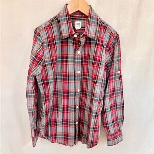 Gap Boys MEDIUM 8 Long Sleeve Button Up Roll Sleeve Shirt Plaid Blue Red